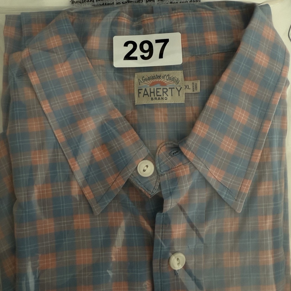 Faherty Button Down Shirt Mens XL Plaid Short Sleeve 100% Cotton Blue Orange - Picture 11 of 11